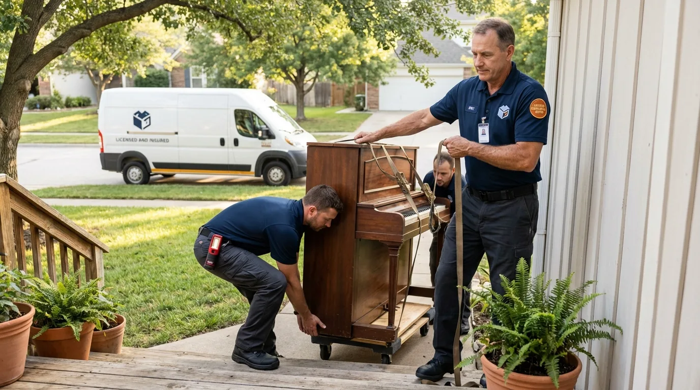 Licensed piano movers securing grand piano in Calera, AL