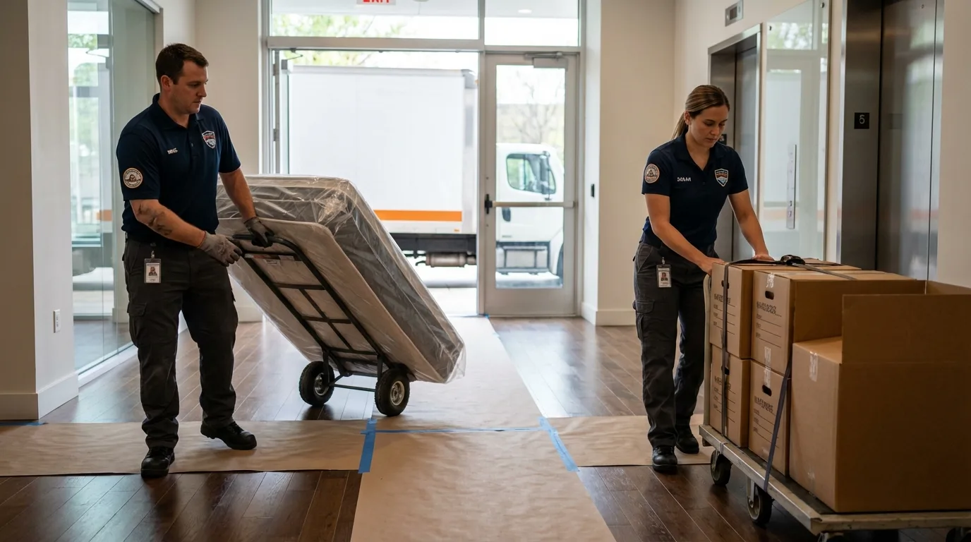 Professional apartment movers loading elevator in Calera, AL